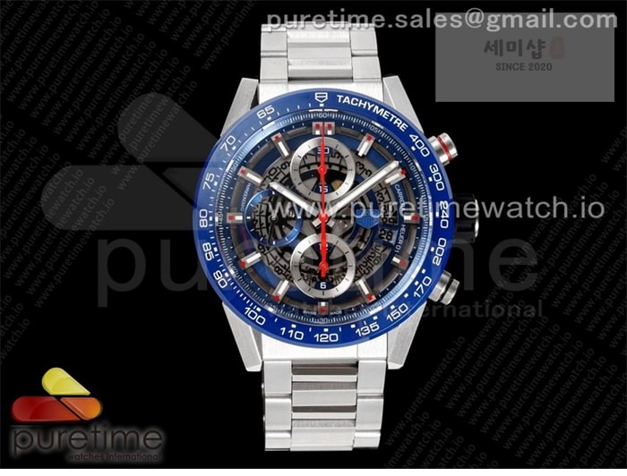 T A G Heuer XF공장 칼리버호이어 블루 43 스켈레톤다이얼 Calibre Heuer 01 Chrono 43mm Blue Ceramic SS XF 1_1 Best Edition Skeleton Dial on SS Bracelet A1887 시계 8번 이미지