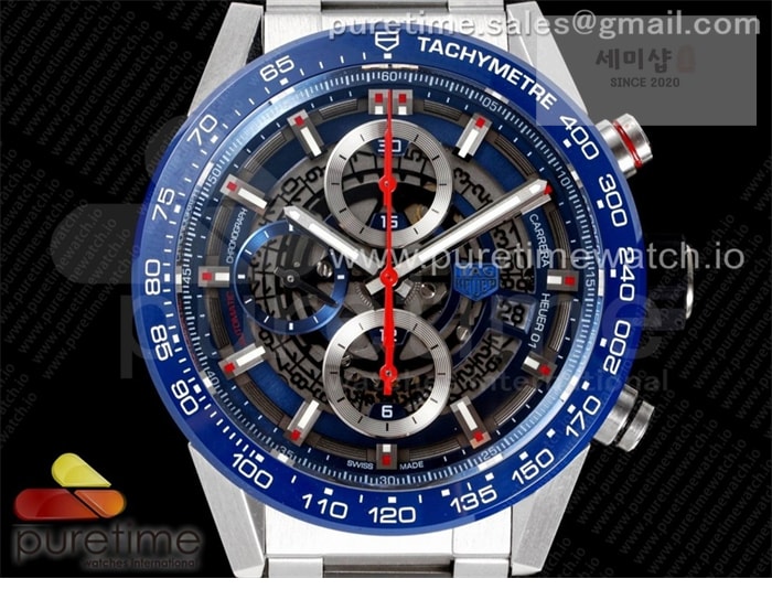 T A G Heuer XF공장 칼리버호이어 블루 43 스켈레톤다이얼 Calibre Heuer 01 Chrono 43mm Blue Ceramic SS XF 1_1 Best Edition Skeleton Dial on SS Bracelet A1887 시계 9번 이미지