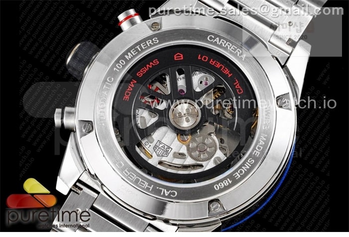T A G Heuer XF공장 칼리버호이어 블루 43 스켈레톤다이얼 Calibre Heuer 01 Chrono 43mm Blue Ceramic SS XF 1_1 Best Edition Skeleton Dial on SS Bracelet A1887 시계 13번 이미지