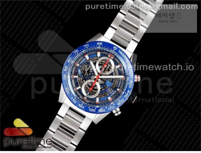 T A G Heuer XF공장 칼리버호이어 블루 43 스켈레톤다이얼 Calibre Heuer 01 Chrono 43mm Blue Ceramic SS XF 1_1 Best Edition Skeleton Dial on SS Bracelet A1887 시계 28번 이미지