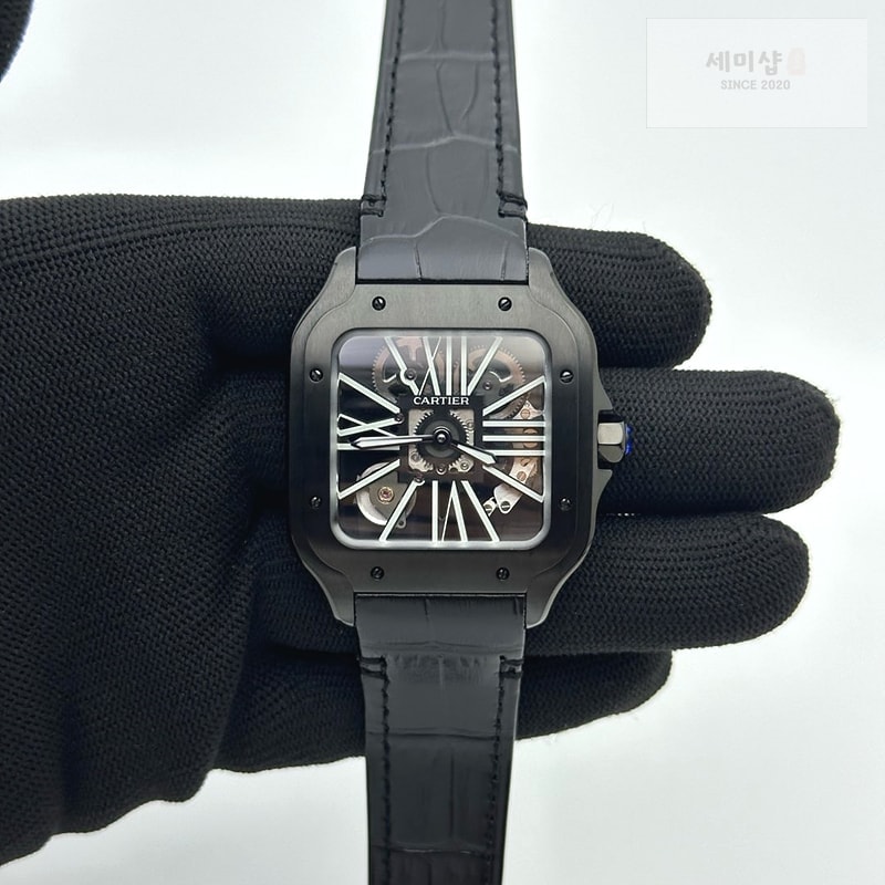 Cartier TWF공장 산토스 스켈레톤 PVD블랙케이스 가죽스트랩 Santos skeleton PVD TWF Best Edition Skeleton Dial on Black Leather Strap Ronda Quartz 시계 1번 이미지