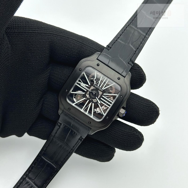 Cartier TWF공장 산토스 스켈레톤 PVD블랙케이스 가죽스트랩 Santos skeleton PVD TWF Best Edition Skeleton Dial on Black Leather Strap Ronda Quartz 시계 3번 이미지
