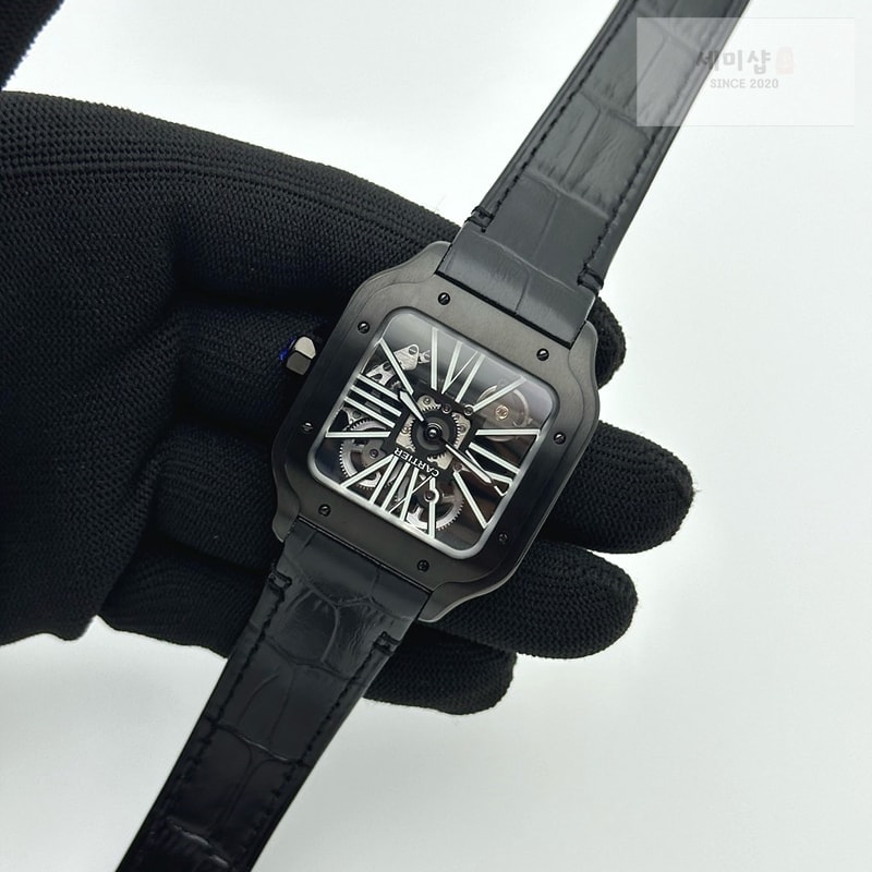 Cartier TWF공장 산토스 스켈레톤 PVD블랙케이스 가죽스트랩 Santos skeleton PVD TWF Best Edition Skeleton Dial on Black Leather Strap Ronda Quartz 시계 4번 이미지