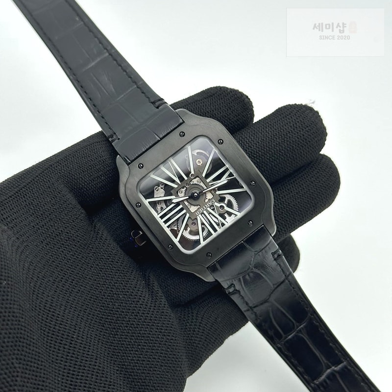 Cartier TWF공장 산토스 스켈레톤 PVD블랙케이스 가죽스트랩 Santos skeleton PVD TWF Best Edition Skeleton Dial on Black Leather Strap Ronda Quartz 시계 5번 이미지