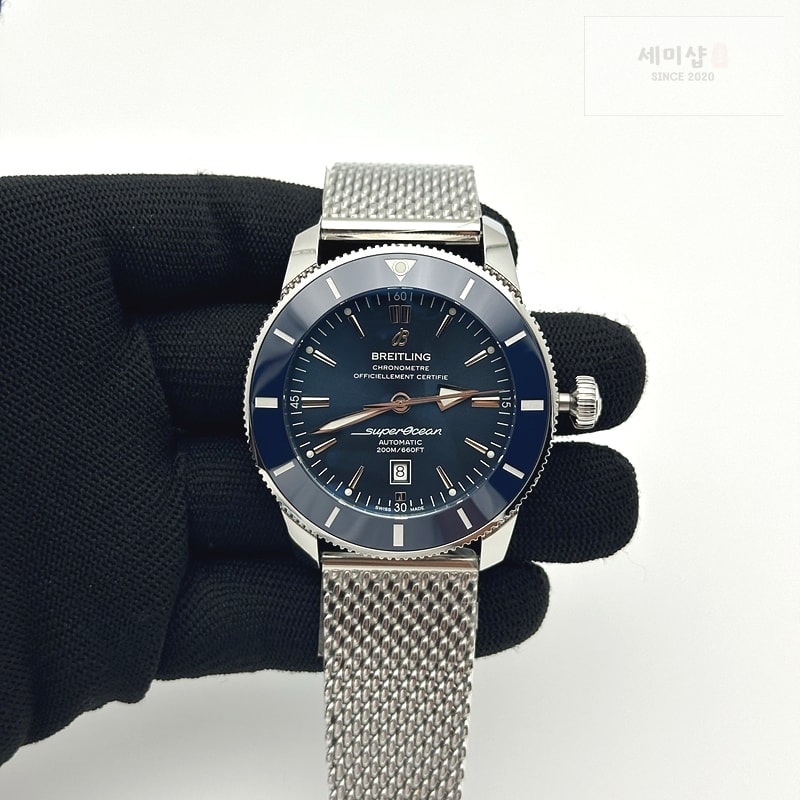 Breitling 브라이틀링 슈퍼오션 헤리티지 스틸 블루다이얼 세라믹베젤 매쉬밴드 SUPER OCEAN HERITAGE BLUE CERAMIC BEZEL SS BLUE DIAL ON SS BRACELET A2824 시계 1번 이미지