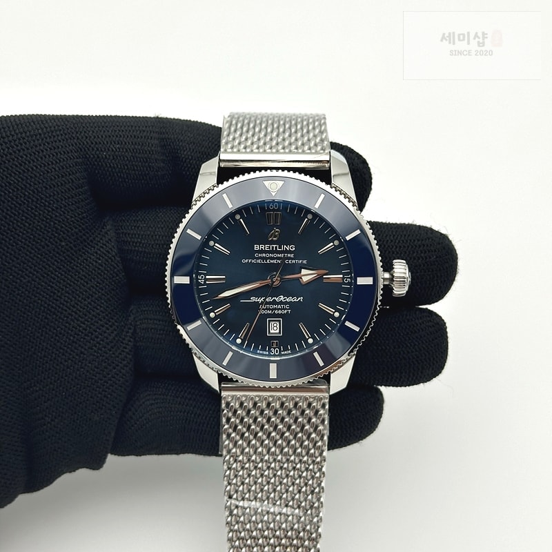 Breitling 브라이틀링 슈퍼오션 헤리티지 스틸 블루다이얼 세라믹베젤 매쉬밴드 SUPER OCEAN HERITAGE BLUE CERAMIC BEZEL SS BLUE DIAL ON SS BRACELET A2824 시계 2번 이미지