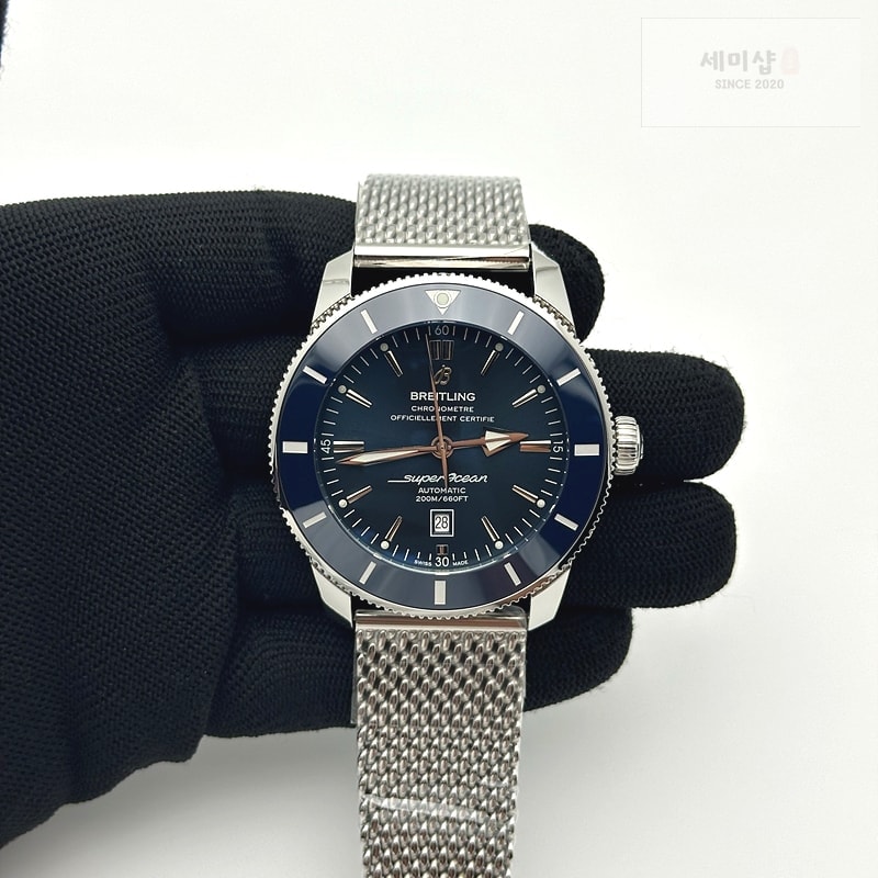 Breitling 브라이틀링 슈퍼오션 헤리티지 스틸 블루다이얼 세라믹베젤 매쉬밴드 SUPER OCEAN HERITAGE BLUE CERAMIC BEZEL SS BLUE DIAL ON SS BRACELET A2824 시계 3번 이미지