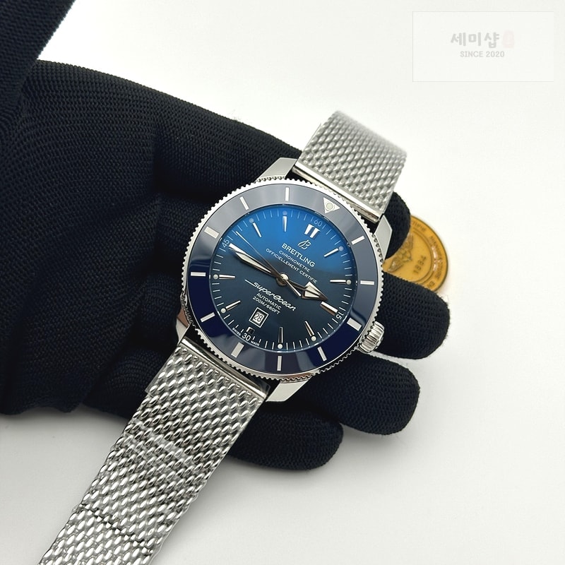 Breitling 브라이틀링 슈퍼오션 헤리티지 스틸 블루다이얼 세라믹베젤 매쉬밴드 SUPER OCEAN HERITAGE BLUE CERAMIC BEZEL SS BLUE DIAL ON SS BRACELET A2824 시계 5번 이미지