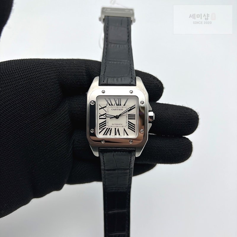 Cartier V6공장 까르띠에 산토스100 미디움 스틸 화이트다이얼 가죽스트랩 시계 1번 이미지