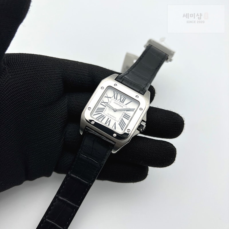 Cartier V6공장 까르띠에 산토스100 미디움 스틸 화이트다이얼 가죽스트랩 시계 3번 이미지