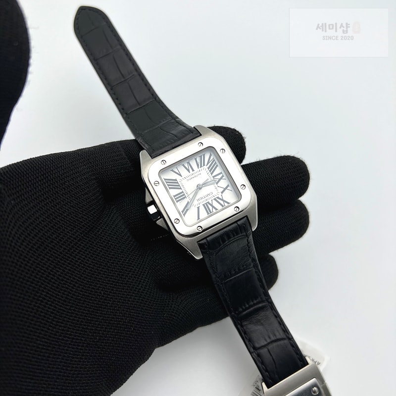 Cartier V6공장 까르띠에 산토스100 미디움 스틸 화이트다이얼 가죽스트랩 시계 4번 이미지
