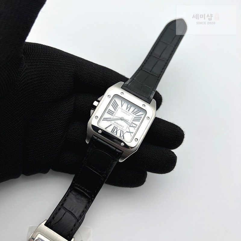 Cartier V6공장 까르띠에 산토스100 미디움 스틸 화이트다이얼 가죽스트랩 시계 5번 이미지