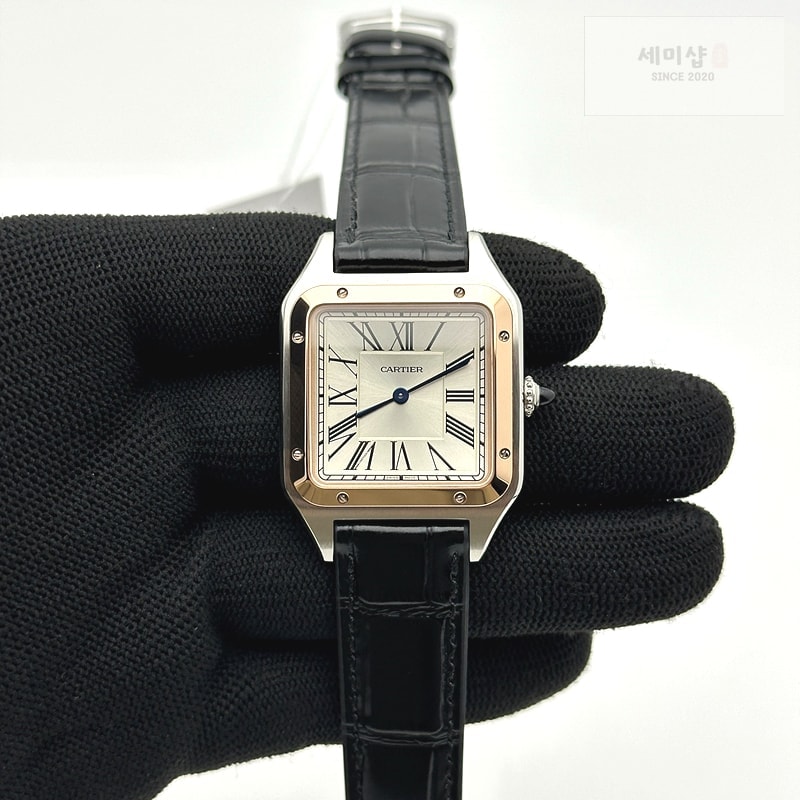 Cartier F1공장 까르띠에 산토스 뒤몽 43.5mm 로즈골드콤비 실버다이얼 블랙가죽스트랩 Santos Dumont 43.5mm SS/RG F1F Best Edition Silver Dial on Black Leather Strap Quartz 시계 1번 이미지