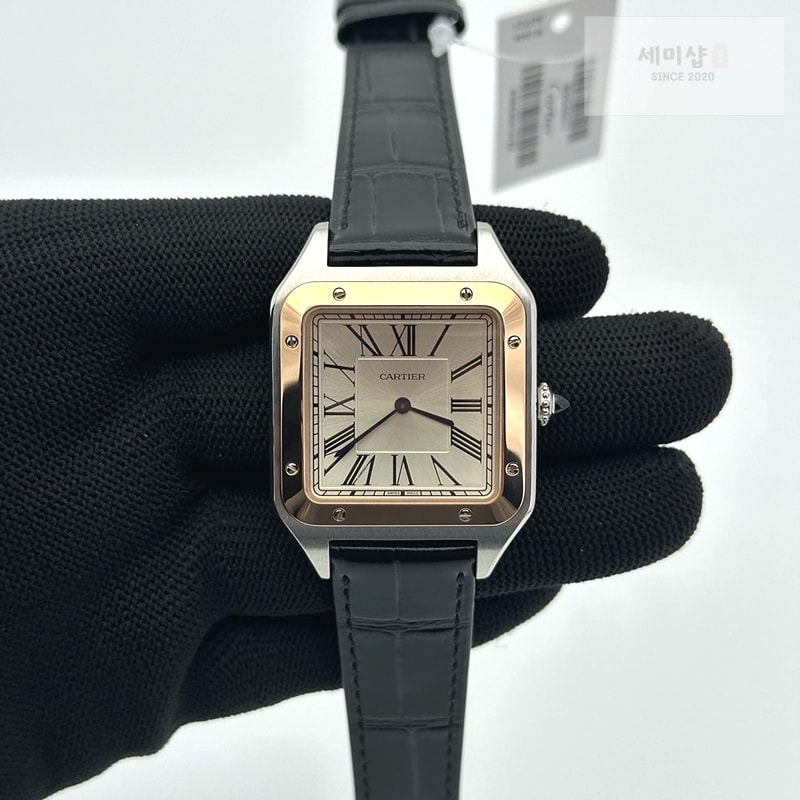 Cartier F1공장 까르띠에 산토스 뒤몽 46.6mm 로즈골드콤비 실버다이얼 블랙가죽스트랩 Santos Dumont 46.6mm SS/RG F1F Best Edition Silver Dial on Black Leather Strap Quartz 시계 1번 이미지