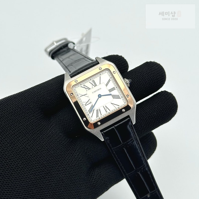 Cartier F1공장 까르띠에 산토스 뒤몽 46.6mm 로즈골드콤비 실버다이얼 블랙가죽스트랩 Santos Dumont 46.6mm SS/RG F1F Best Edition Silver Dial on Black Leather Strap Quartz 시계 2번 이미지