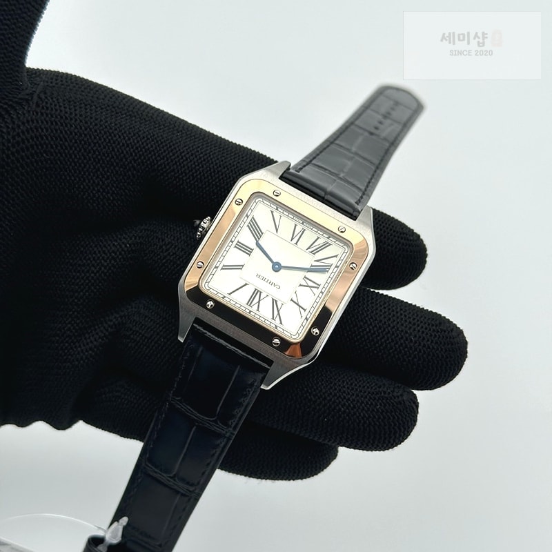 Cartier F1공장 까르띠에 산토스 뒤몽 46.6mm 로즈골드콤비 실버다이얼 블랙가죽스트랩 Santos Dumont 46.6mm SS/RG F1F Best Edition Silver Dial on Black Leather Strap Quartz 시계 3번 이미지