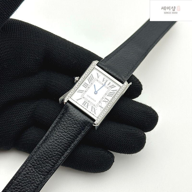 Cartier AF공장 까르띠에 탱크솔로 27 라지 스틸 화이트다이얼 다이아몬드베젤 소가죽스트랩 Tank Solo Ladies 27mm SS White Dial Diamonds Bezel on Black Leather Strap Ronda Quartz 시계 5번 이미지