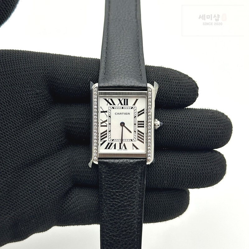 Cartier AF공장 까르띠에 탱크솔로 27 라지 스틸 화이트다이얼 다이아몬드베젤 소가죽스트랩 Tank Solo Ladies 27mm SS White Dial Diamonds Bezel on Black Leather Strap Ronda Quartz 시계 1번 이미지