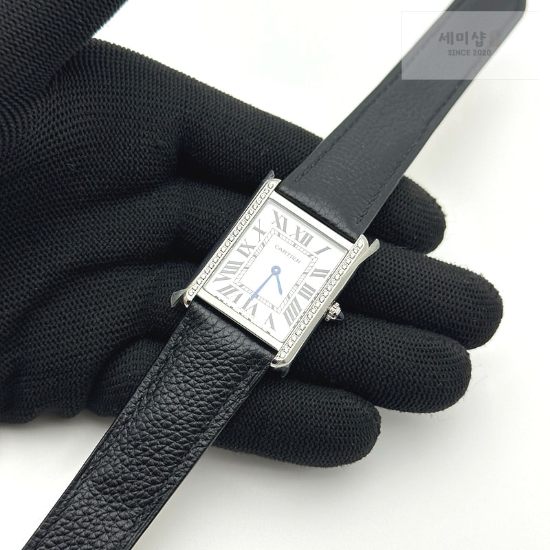 Cartier AF공장 까르띠에 탱크솔로 27 라지 스틸 화이트다이얼 다이아몬드베젤 소가죽스트랩 Tank Solo Ladies 27mm SS White Dial Diamonds Bezel on Black Leather Strap Ronda Quartz 시계 3번 이미지
