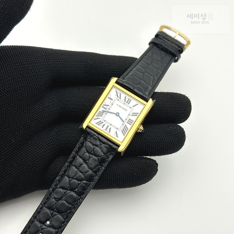 Cartier K11공장 까르띠에 옐로우골드금통 탱크솔로 27 악어가죽스트랩 Tank Solo 27mm K11F YG White Dial on Black Leather Strap Ronda Quartz 시계 3번 이미지