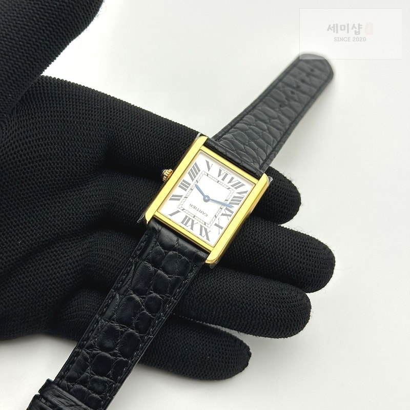 Cartier K11공장 까르띠에 옐로우골드금통 탱크솔로 27 악어가죽스트랩 Tank Solo 27mm K11F YG White Dial on Black Leather Strap Ronda Quartz 시계 5번 이미지