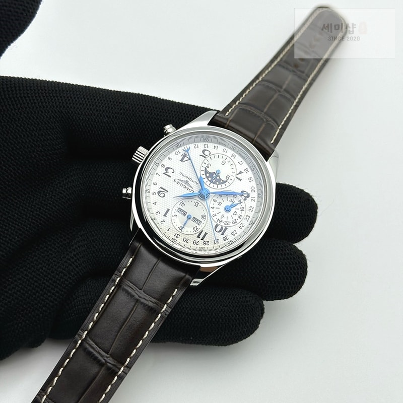 론진 GS공장 론진 마스터컬렉션 문페이즈 스틸 화이트다이얼 가죽스트랩 MASTER MOONPHASE CHRONOGRAPH SS WHITE DIAL ON BROWN LEATHER STRAP A7751 시계 5번 이미지