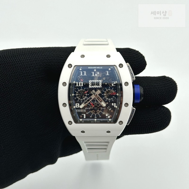 리차드밀 KU공장 리차드밀 RM011 화이트세라믹케이스 스켈레톤다이얼 러버스트랩 RM011 Real White Ceramic Chronograph Crystal Skeleton Dial Blue on Gray Rubber Strap A7750 KV공장 시계 1번 이미지