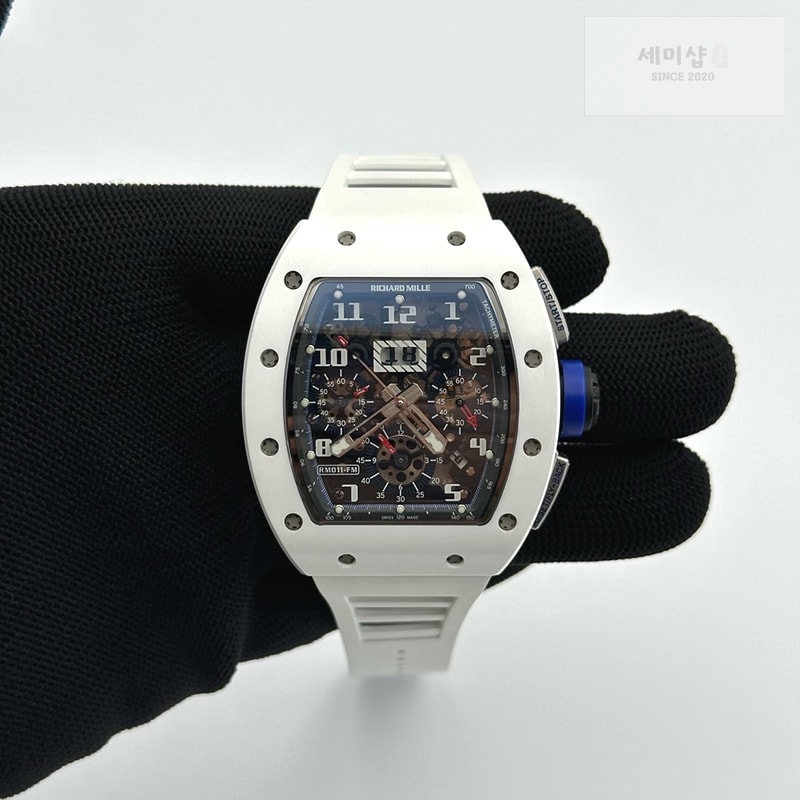 리차드밀 KU공장 리차드밀 RM011 화이트세라믹케이스 스켈레톤다이얼 러버스트랩 RM011 Real White Ceramic Chronograph Crystal Skeleton Dial Blue on Gray Rubber Strap A7750 KV공장 시계 2번 이미지