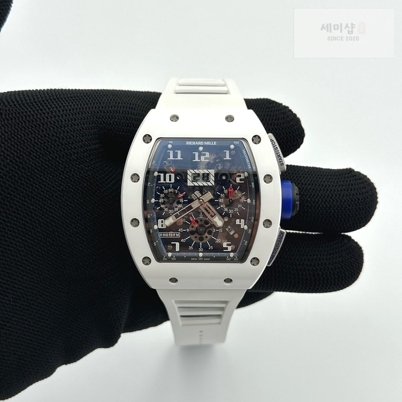 리차드밀 KU공장 리차드밀 RM011 화이트세라믹케이스 스켈레톤다이얼 러버스트랩 RM011 Real White Ceramic Chronograph Crystal Skeleton Dial Blue on Gray Rubber Strap A7750 KV공장 시계 3번 이미지