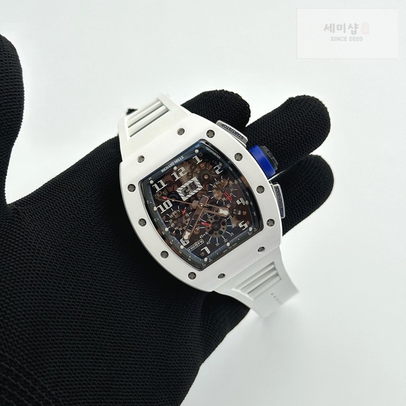 리차드밀 KU공장 리차드밀 RM011 화이트세라믹케이스 스켈레톤다이얼 러버스트랩 RM011 Real White Ceramic Chronograph Crystal Skeleton Dial Blue on Gray Rubber Strap A7750 KV공장 시계 4번 이미지