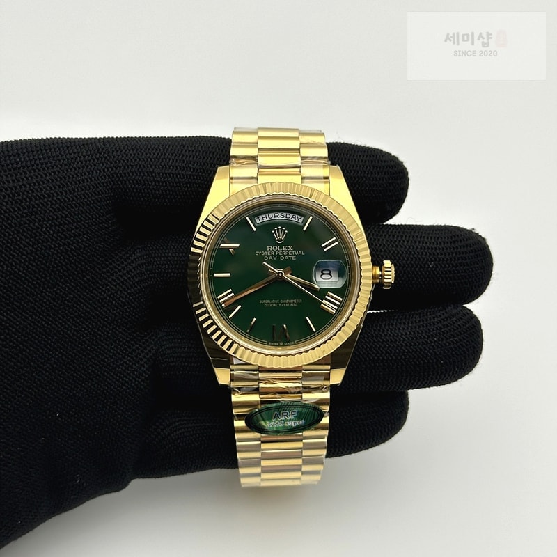 Rolex AR공장 롤렉스 데이데이트 40 옐로우골드금통 그린다이얼 로만인덱스 프레지던트브레이슬릿 텅스텐 Day Date 40 YG 228238 ARF 1:1 Best Edition Green Roman Dial on President Bracelet VR3255 (Gain Weight) 시계 1번 이미지