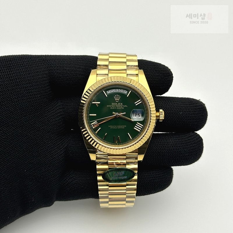 Rolex AR공장 롤렉스 데이데이트 40 옐로우골드금통 그린다이얼 로만인덱스 프레지던트브레이슬릿 텅스텐 Day Date 40 YG 228238 ARF 1:1 Best Edition Green Roman Dial on President Bracelet VR3255 (Gain Weight) 시계 2번 이미지