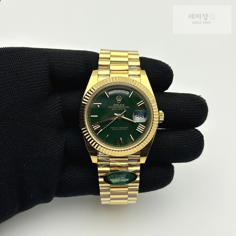 Rolex AR공장 롤렉스 데이데이트 40 옐로우골드금통 그린다이얼 로만인덱스 프레지던트브레이슬릿 텅스텐 Day Date 40 YG 228238 ARF 1:1 Best Edition Green Roman Dial on President Bracelet VR3255 (Gain Weight) 시계 3번 이미지