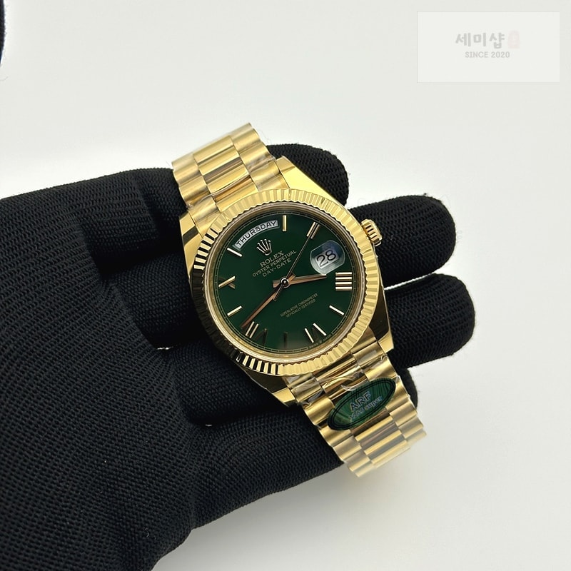Rolex AR공장 롤렉스 데이데이트 40 옐로우골드금통 그린다이얼 로만인덱스 프레지던트브레이슬릿 텅스텐 Day Date 40 YG 228238 ARF 1:1 Best Edition Green Roman Dial on President Bracelet VR3255 (Gain Weight) 시계 4번 이미지