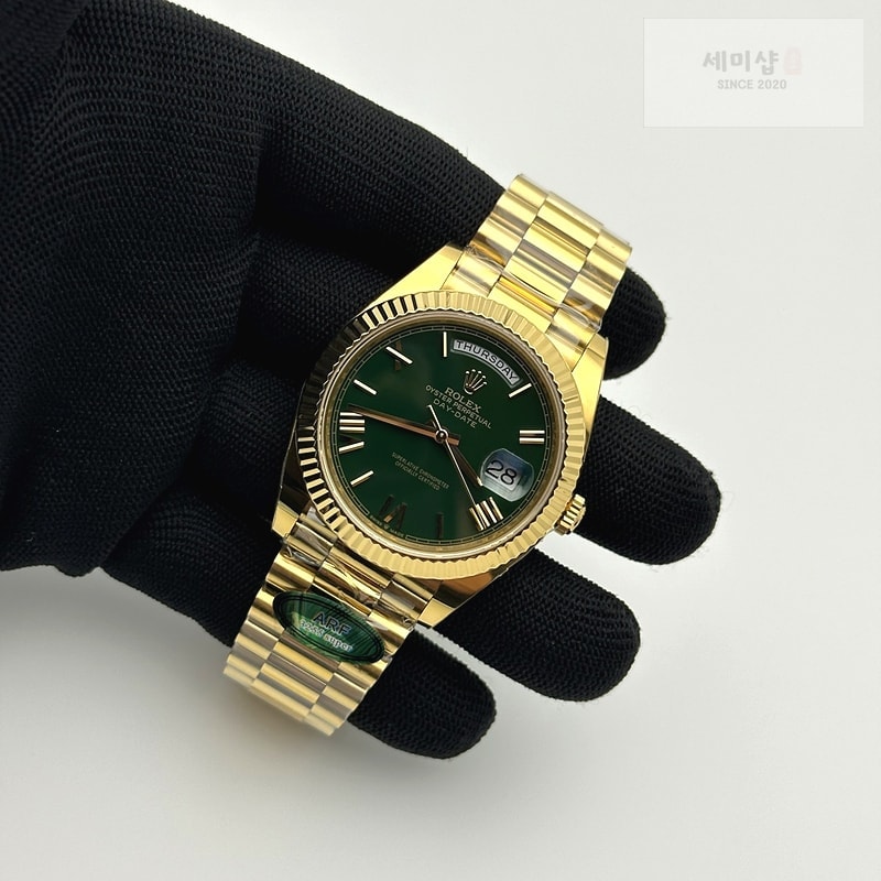 Rolex AR공장 롤렉스 데이데이트 40 옐로우골드금통 그린다이얼 로만인덱스 프레지던트브레이슬릿 텅스텐 Day Date 40 YG 228238 ARF 1:1 Best Edition Green Roman Dial on President Bracelet VR3255 (Gain Weight) 시계 5번 이미지
