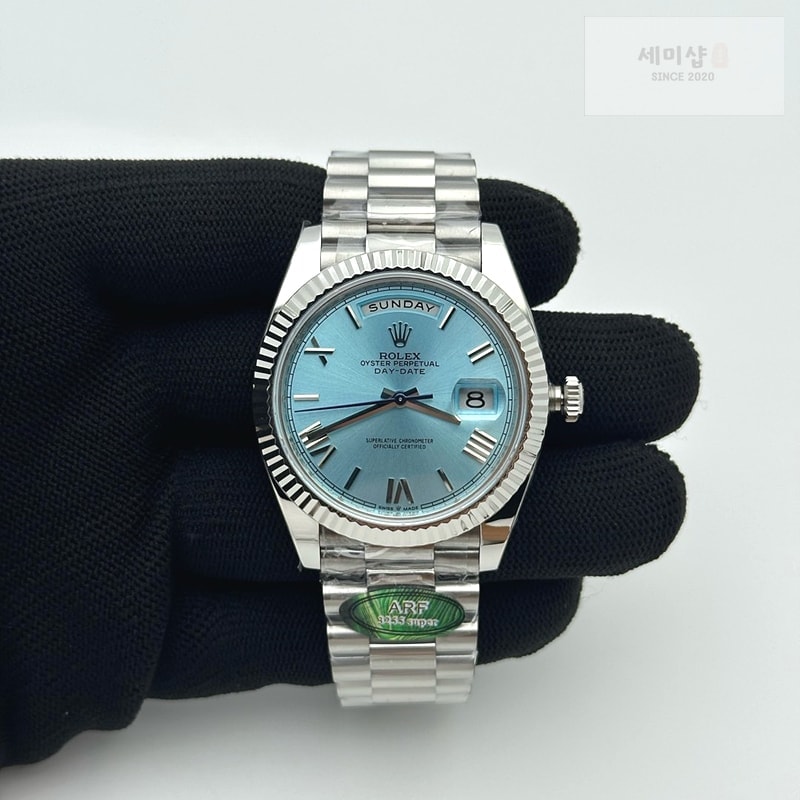 Rolex AR공장 롤렉스 데이데이트 40 스틸 아이스블루다이얼 로만인덱스 프레지던트브레이슬릿 텅스텐 Day Date 40 SS 228236 ARF 1:1 Best Edition Ice Blue Roman Dial on President Bracelet VR3255 (Gain Weight) 시계 1번 이미지