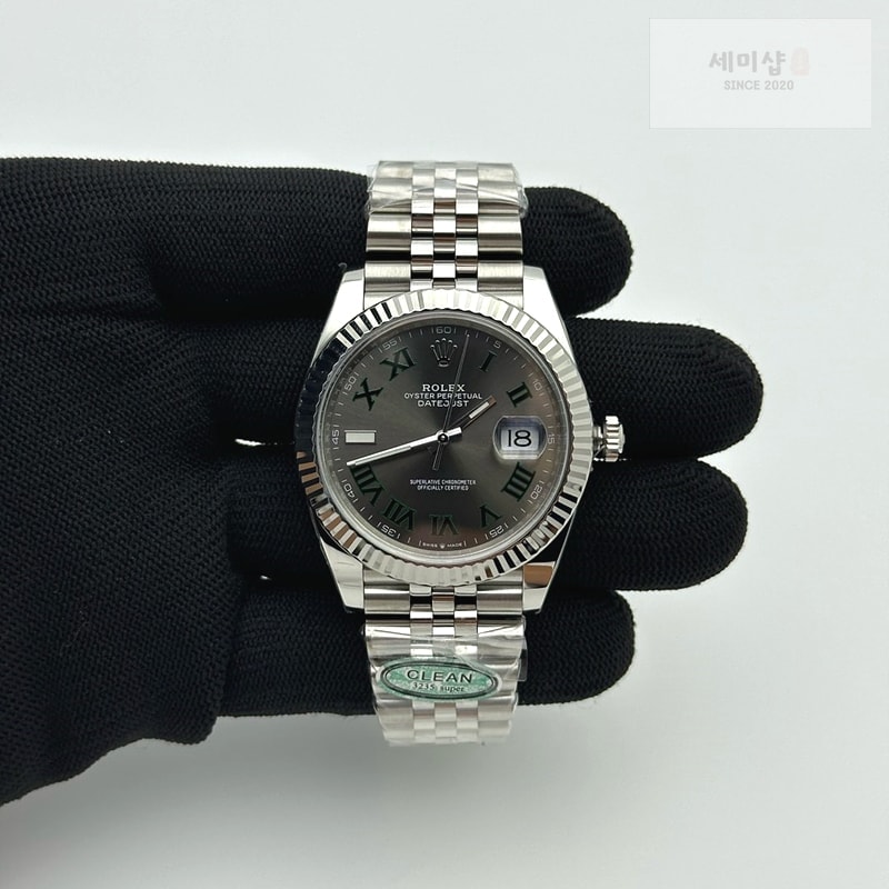 Rolex [26.01 UP] CLEAN공장 롤렉스 데이저스트 41 스틸 윔블던 슬레이트로만 그레이다이얼 쥬빌레브레이슬릿 DateJust 41mm 126334 904L SS Clean Plus 1:1 Best Edition Gray Dial Green Roman Marker On Jubilee Bracelet DD3235 클린 플러스 시계 2번 이미지