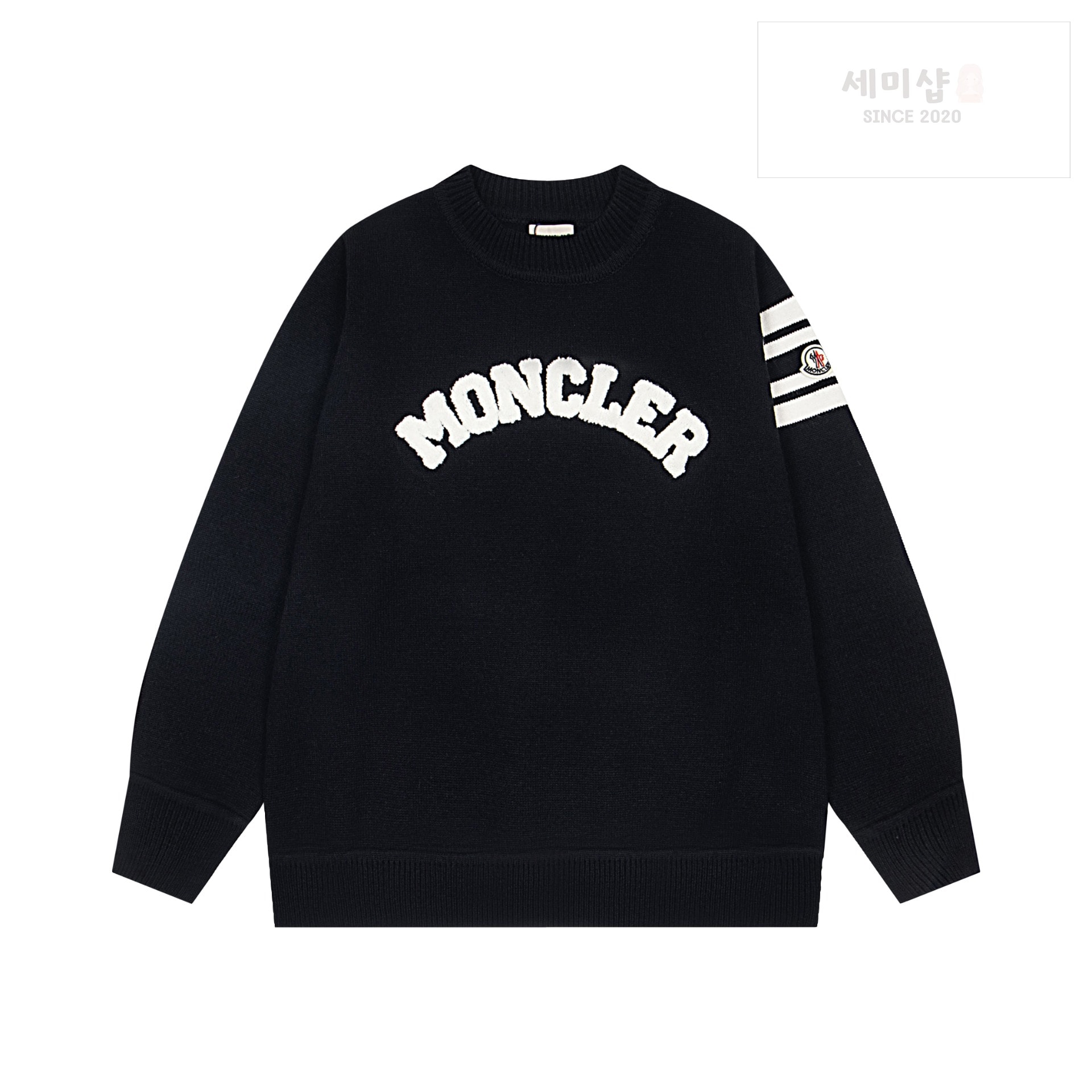몽클레어 몽클레어 스트라이프 로고 울 앤 캐시미어 블렌드 니트 블랙 의류 1번 이미지